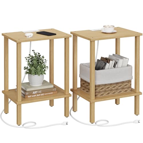 TUTOTAK End Table with Charging Station, Side Table Set of 2, Nightstand | 2-Tier Storage Shelf, Bedside Table with USB Ports, Sofa Table for Small Space, Livingroom, Bedroom Natural TB01BN041 - color: Natural