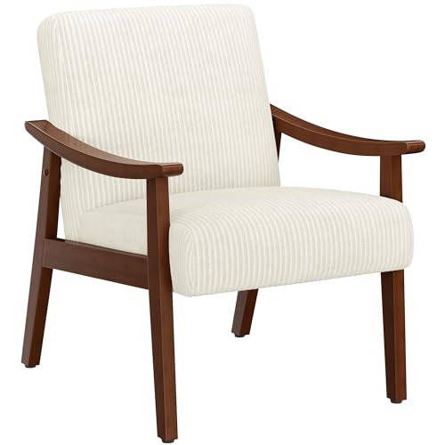 Yaheetech Corduroy Accent Chair, Mid-Century Modern Armchair with Solid Wood Legs, Reading Leisure Chair with High Back for Living Room Bedroom Waiting Room Beige | Corduroy Chair with Solid Wood Legs, Cozy Reading Leisure Chair for Living Room, Bedroom,