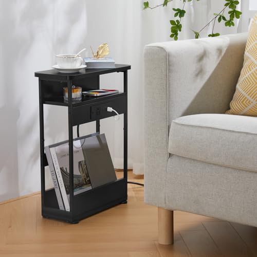 YEAKOO Narrow Side Table with Charging Station, 3-Tier End Table with 2 USB Ports & Power Outlets,Thin Sofa Side Table for Narrow and Small Spaces, Bedside Table Nightstand for Living Room,Black - color: Black