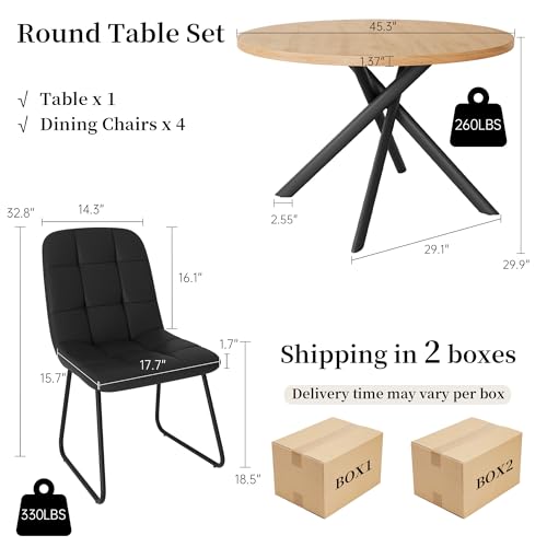 HIPIHOM 45.3 Inch Round Dining Table Set for 4, Mid Century Modern Small Kitchen Coffee Set for Dining Room Kitchen Apartment (Oak Table + 4 U-Shaped Black Chairs) - color: Oak Table+4 U-shaped Black Chairs