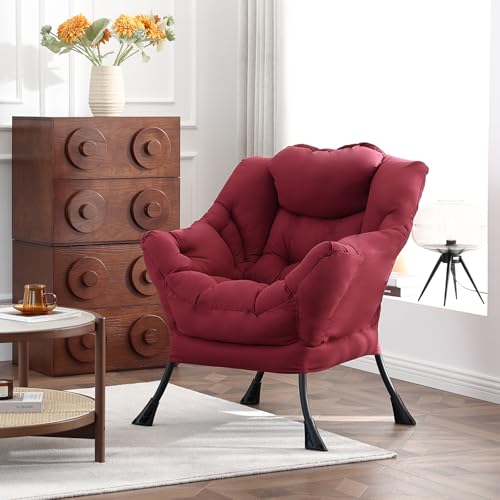 Welnow Burgundy Single Lazy Chair for Adults，Modern Reading Accent Chair | A Side Pocket,Armrests,Thick Cushioned Seat & Backrest, Lounge Reading Chair for Bedroom,Living Room & Small Space - color: Burgundy Without Stool