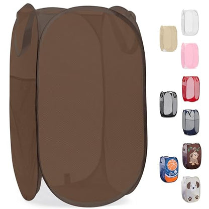 Handy Laundry Collapsible Mesh Pop Up Laundry Hamper with Side Pocket | Collapsible Mesh Pop Up Hamper, Wide Opening, Side Pocket, Breathable, Sturdy, Foldable, Space-Saving for Clothes Storage - color: Brown