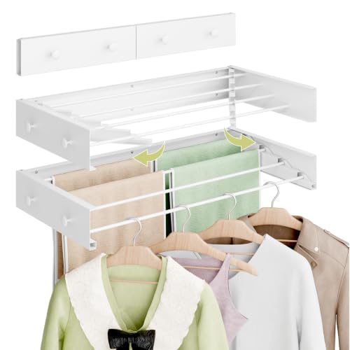 Foldable Wall Mounted Drying Rack, 23.6"Long, Weight Capacity is 60 Lbs | Waterproof and Moisture-Resistant, 4 Towel Hooks and 4 Drying Rods, Space Saving for Bathroom, Balcony, Hallway and Garage