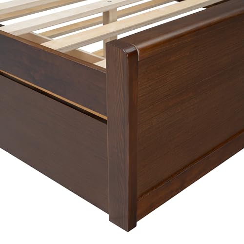 Queen Size Rattan Headboard Bed Frame with 2 Drawers and Trundle, Walnut