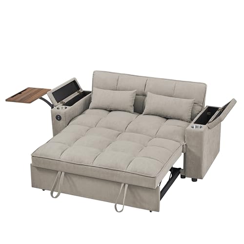 65" Cloud Couch Sleeper Sofa Bed with USB Charging Port & Side Pocket, Chenille Fabric Pull-Out Sofa with Thick Cushions, High Resilience Foam & Pillows for Living Room, Apartment, Small Spaces - color: C-brown