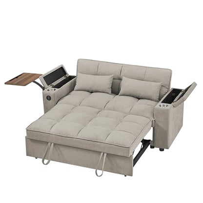 65" Cloud Couch Sleeper Sofa Bed with USB Charging Port & Side Pocket, Chenille Fabric Pull-Out Sofa with Thick Cushions, High Resilience Foam & Pillows for Living Room, Apartment, Small Spaces - color: C-brown