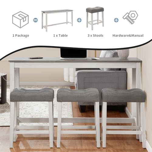 59" Dining Bar Table Set with Power Outlet, Behind Couch Sofa Table with 3 Padded Stools, 4 Piece Bar Table and Chairs Set for Living Room, Dining Room, Gray - color: R1-light Gray