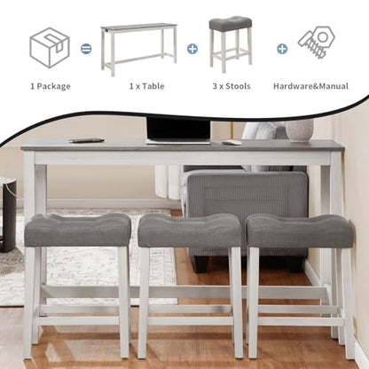 59" Dining Bar Table Set with Power Outlet, Behind Couch Sofa Table with 3 Padded Stools, 4 Piece Bar Table and Chairs Set for Living Room, Dining Room, Gray - color: R1-light Gray