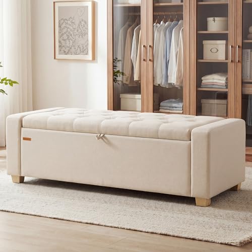 SONGMICS Storage Ottoman, Storage Chest Bench with Legs, End of Bed Bench with Safety Hinges, Pull Tab, for Living Room, Bedroom, 19.7 x 47.6 x 16.5 Inches, Linen-Look Fabric, Summer Sand ULOM511LF01 | Foot Rest with Legs, 19.7 x 47.6 x 16.5 Inches, End o