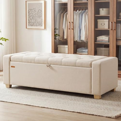 SONGMICS Storage Ottoman, Storage Chest Bench with Legs, End of Bed Bench with Safety Hinges, Pull Tab, for Living Room, Bedroom, 19.7 x 47.6 x 16.5 Inches, Linen-Look Fabric, Summer Sand ULOM511LF01 | Foot Rest with Legs, 19.7 x 47.6 x 16.5 Inches, End o