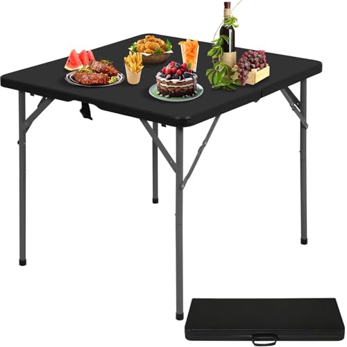 BLKMTY 34" Square Folding Card Table, Portable Picnic Dining Table, White | Fold-In-Half Plastic Tables Desk W/ Carry Handle, Indoor Outdoor Foldable Utility Tables, For BBQ, Camping, Party, Events - color: Black, style: Square
