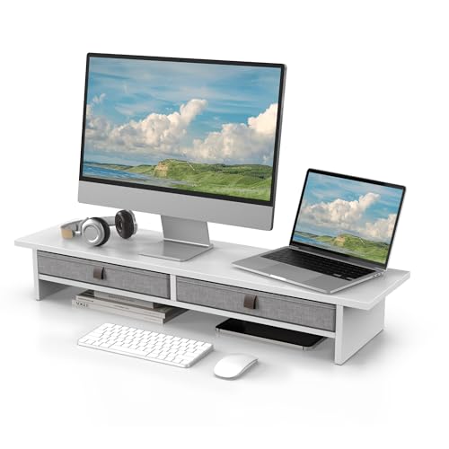 Fenge 35 Inch Monitor Stand with Drawer Storage, Computer Riser for Desk | Wooden Computer Shelf, 2 Tiers, for Dual Monitor/Laptop/PC/TV/Printer up to 55Lbs, Home Office Desk Organizer - color: White