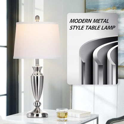 Rinweey Metal Table Lamps Set of 2, 3 Way Touch Control Silver Bedside Lamps with USB A+C Ports, Modern Brushed Nickel Nightstand Lamps for Bedroom Living Room - color: Silver-27"H