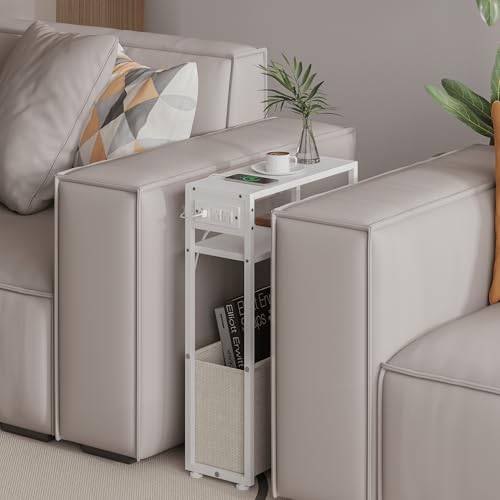 Leomonio White Side Table with Charging Station, Slim End Tables with Linen Basket, Skinny Table for Small Spaces, Thin Bedside Table for Living Room, Bedroom - color: White + Camel Brown - Outlet