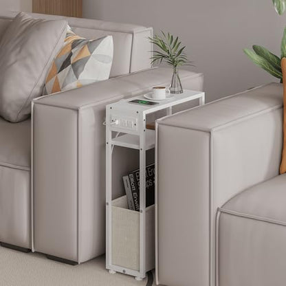 Leomonio White Side Table with Charging Station, Slim End Tables with Linen Basket, Skinny Table for Small Spaces, Thin Bedside Table for Living Room, Bedroom - color: White + Camel Brown - Outlet