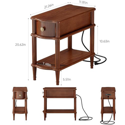 Nightstand with Charging Station & Drawer, Pre-Assembled Vintage Side Table with Shelf, Rustic Wood Finish Narrow End Table with Turned Legs for Bedroom Living Room, Caramel Walnut Brown, 1Pc