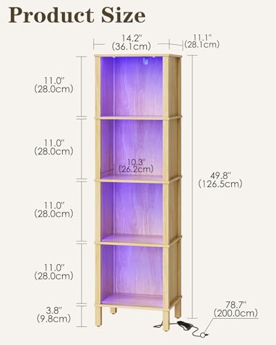 Bookshelf with LED Lights, Modern 4-Tier Bookcase, Open Storage Book Shelf, 11 × 14.2 × 50.4 Inches, Small Narrow Bookshelves for Living Room, Home Office, Bedroom, Natural - color: Natural
