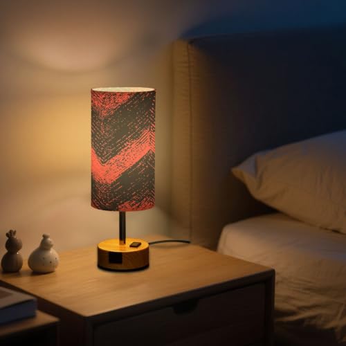 Kigai Red Black Folded Threads Touch Control Bedside Table Lamp 3 Way Dimmable Nightstand Lamp with USB A+C Charging Ports & AC Outlet Fabric Shade for Bedroom Desk Living Room