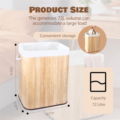 21 Gallon Bamboo Slim Trash Can with Lid,Slim Laundry Hamper,Removable and Machine Washable Liner,Foldable Slim Rectangular Laundry Basket for Laundry Room,Bedroom,Salon Spa