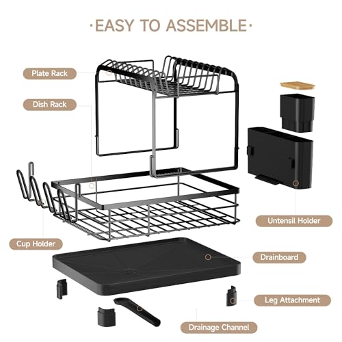 Runnatal 2-Tier Dish Drying Rack, Large Dish Drainers for Kitchen Counter | Anti-Rust Dish Rack with Drainboard, Utensil Holder, Extra Cup Holder, Black - color: Black, size: 2-Tier
