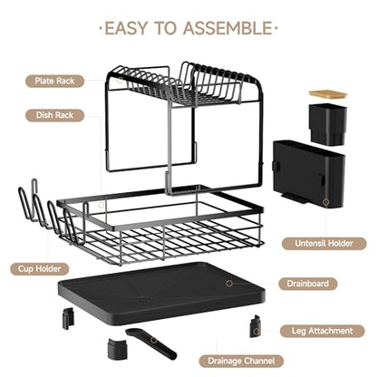 Runnatal 2-Tier Dish Drying Rack, Large Dish Drainers for Kitchen Counter | Anti-Rust Dish Rack with Drainboard, Utensil Holder, Extra Cup Holder, Black - color: Black, size: 2-Tier