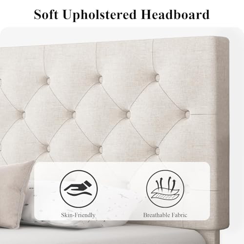 HOMBCK Full Bed Frame with Headboard, Linen Fabric Upholstered Bed Frame Full, White Bed Frame with Wood Slats, Button Tufted, No Box Spring Needed, White - color: White, size: Full