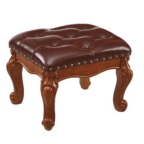 Foot Stools Ottoman, Small Vintage Leather Footstool for Living Room, Solid Wooden Ottoman Foot Rest,Shoe Change Bench at the Entrance (Warm Brown) - color: Warm Brown