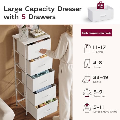 WLIVE Tall Dresser for Bedroom, 5 Drawer Dresser, White | 5 vertical fabric drawers, Tall vertical design, Bedroom or closet use, Dresser for small spaces, Chest of drawers - color: White