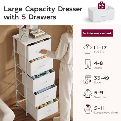 WLIVE Tall Dresser for Bedroom, 5 Drawer Dresser, White | 5 vertical fabric drawers, Tall vertical design, Bedroom or closet use, Dresser for small spaces, Chest of drawers - color: White