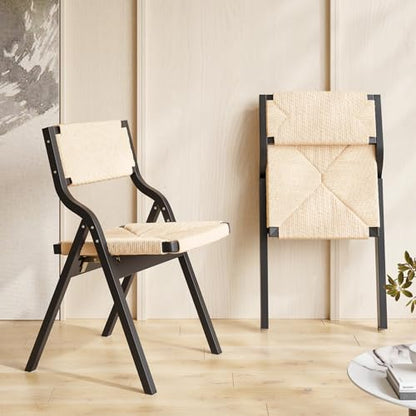 Wood Folding Chairs, Foldable Chairs Wooden Indoor Stackable Dining Chairs for Kitchen & Dining Room Chair Woven Seat & Webbing Back, Dining Chair Set of 2 - color: Black/Natural, Woven Rope