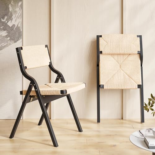 Wood Folding Chairs, Foldable Chairs Wooden Indoor Stackable Dining Chairs for Kitchen & Dining Room Chair Woven Seat & Webbing Back, Dining Chair Set of 2 - color: Black/Natural, Woven Rope