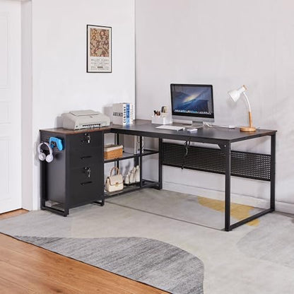 70 Inch Reversible L Shaped Desk with Drawers,Executive Desk with Power Outlet, Lockable File Drawer and Storage Shelves,L Shaped Office Desk with Pegboard,Large Corner Desk for Home Office (70.5")