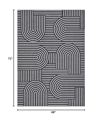 ROYHOME Modern Washable Rug 4x6 Area Rugs for Living Room Non Slip, Black | Abstract Rug for Bedroom, Rainbow Throw Rugs with Rubber Back, Low Pile Stain Resistant Geometric Carpet for Playroom Dorm - color: Black, size: 4' x 6' (Rectangular)