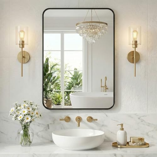 NEWBULIG Bathroom Mirror 24X36 Inch, Vanity Mirror for Wall | Rectangle Rounded Corners, Metal Frame Over Sink, Anti-Fog Entryway Bedroom, Horizontal or Vertical Hang, Black - color: Black, size: 24"L x 36"W