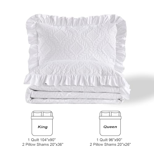 DJY Queen Size Quilt Sets, White Bedspreads, Ruffled Bedding Set | Lightweight Modern Pattern Coverlets, Bed Cover for All Seasons, 96''x90''- 3 Piece (1 Quilt, 2 Pillow Shams) - color: White, size: Queen