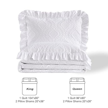DJY Queen Size Quilt Sets, White Bedspreads, Ruffled Bedding Set | Lightweight Modern Pattern Coverlets, Bed Cover for All Seasons, 96''x90''- 3 Piece (1 Quilt, 2 Pillow Shams) - color: White, size: Queen