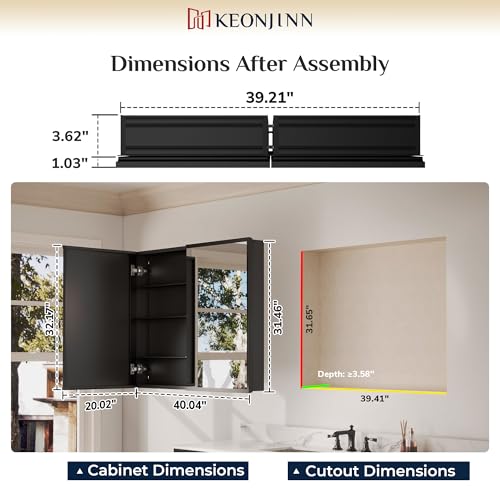 Keonjinn Large Medicine Cabinet Mirror 40 x 32, Black Beveled Frame, 2 Door | Assembly Required, Stepless Adjustable Shelves, Waterproof Aluminum Rust-Resistant, Tempered Glass, Surface Mount or Recessed - color: Black, size: 40x32 In