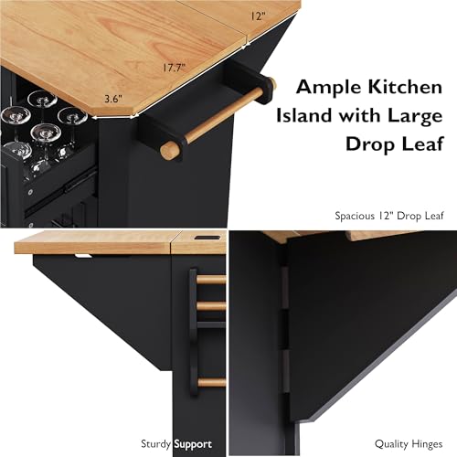Rustic Rolling Kitchen Island with Drop Leaf, Built-in Charging Station & 6 Deep Drawers, 47" Farmhouse Mobile Cart for Dormitories, Offices, Bedrooms (Black/R1) - color: Black/R1