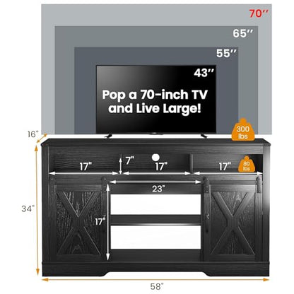 RoyalCraft Farmhouse Fireplace TV Stand for 65+ Inch TV, Entertainment Center with 23" Electric Fireplace with Remote, 34" Tall Modern Rustic TV Console with Sliding Bar Door for Living Room, Black - color: Black, style: Electric Fireplace Included