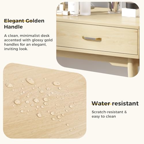 Small Wood Desk with Drawers, 40 Inch Vanity Desk no mirror, Writing Desk | FUNKOCO Study Desk with 4 Solid Legs, Modern Computer Desk for Small Spaces, Home Office - color: Wood