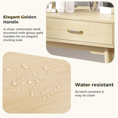 Small Wood Desk with Drawers, 40 Inch Vanity Desk no mirror, Writing Desk | FUNKOCO Study Desk with 4 Solid Legs, Modern Computer Desk for Small Spaces, Home Office - color: Wood