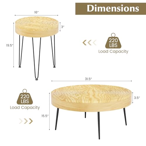 Giantex Boho Round Coffee Table Set of 2, Sofa Side Nesting Table with Solid Pine Wood Top, Metal Legs & Adjustable Foot Pads, 31.5" D Large Table Set for Living Room (Ring Pattern, Natural) - color: Natural, style: Ring Pattern