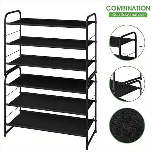 Ekisemio 3-Tier Stackable Shoe Rack – Expandable & Adjustable Fabric Shoe Organizer, Space-Saving for Closet, Black - size: 11.5"D x 27"W x 19"H