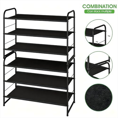 Ekisemio 3-Tier Stackable Shoe Rack – Expandable & Adjustable Fabric Shoe Organizer, Space-Saving for Closet, Black - size: 11.5"D x 27"W x 19"H
