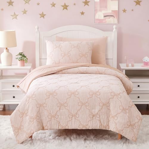 Twin Comforter Set with Sheets for Girls-5 Pieces Bow Twin Bedding Sets | Soft Jacquard Bed Set with Blush Comforter, Pillowcases & Shams, 66" X 86" - color: Apricot Blush Diamond, size: Twin