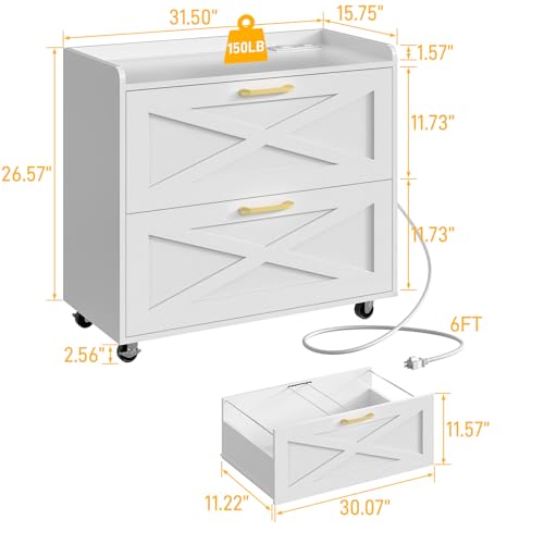 Lateral File Cabinet 2 Drawer Mobile File Cabinet with Charging Station for Legal/Letter/A4 Size Hanging Files, Modern Farmhouse Large Wood File Storage Cabinet for Home Office Furniture(Simple White) - color: Simple White