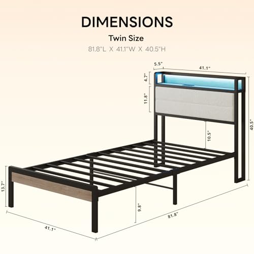 LIKIMIO Twin Bed Frame with Headboard, LED Lights and Charging Station | Upholstered sherpa storage headboard with LED & charger; heavy-duty slats; noise-free; modern elegance; natural and cream - color: Natural and Cream, size: Twin