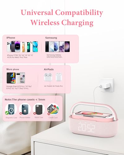 Bluetooth Speaker Alarm Clock & Wireless Charger for Bedside, Home, Office | FM Radio, Adjustable LED Night Light, 6 in 1 Bedroom Portable Speaker 2500mAh, Phone Stand - color: Pink