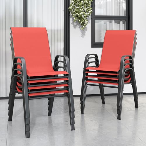 Red Patio Chairs Set of 8, Stackable Outdoor Dining Chairs for All Weather Textilene Fabric & Metal Frame, Outdoor Chairs Set for Backyard Deck Garden - color: Red, size: Set of 8