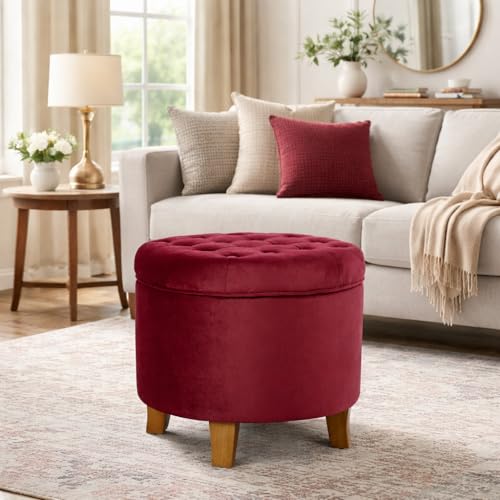 HomePop 19" Velvet Button Tufted Round Storage Ottoman - Burgundy - color: Burgundy